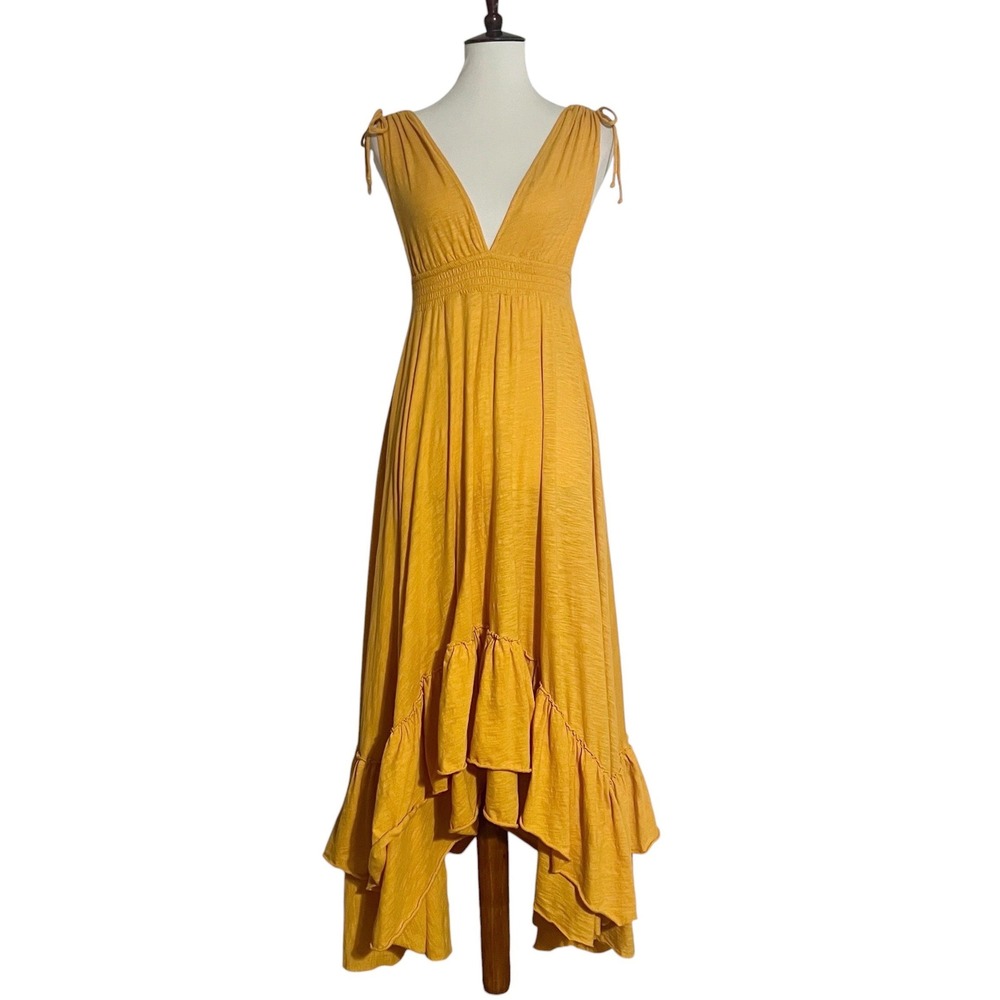 Free People FP Beach Yellow Cotton High Low Ruffle Maxi Dress Size Small